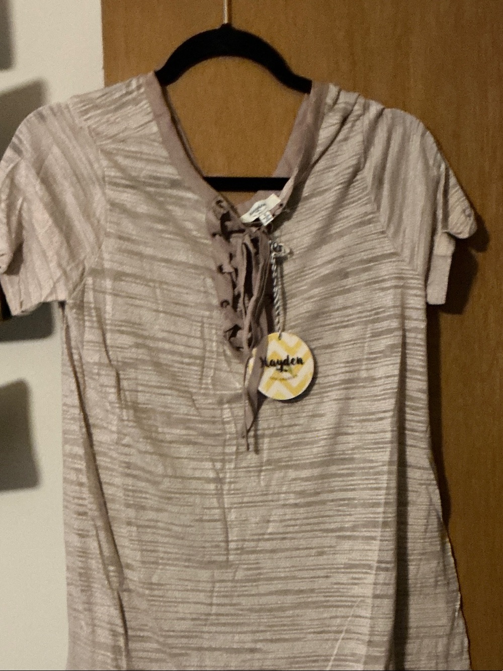 Hayden Taupe Striped Lace-Up Short Sleeve Top
